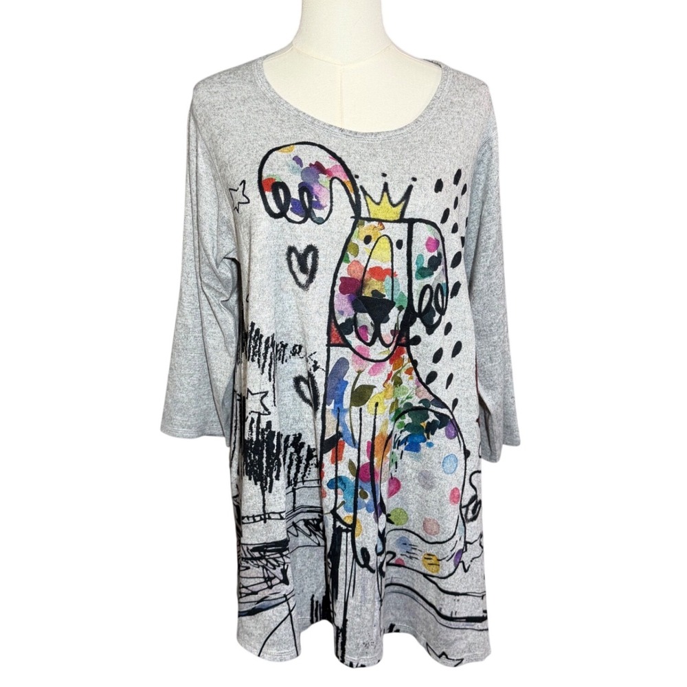 Et'Lois Dog Abstract Colorful 3/4 sleeve Top Size M